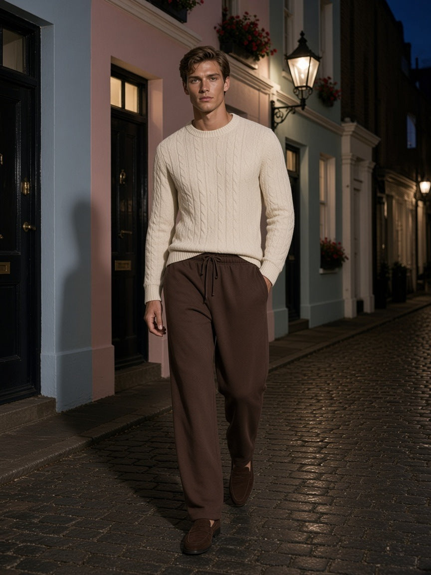 Fleece Drawstring Straight-Leg Sweatpants in Brown, à deux, worn by him