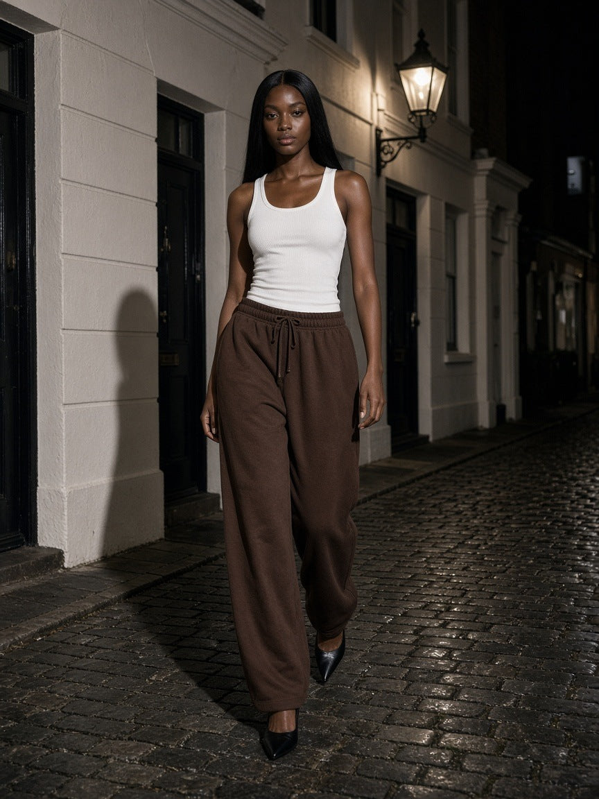 Fleece Drawstring Straight-Leg Sweatpants in Brown, à deux, worn by her