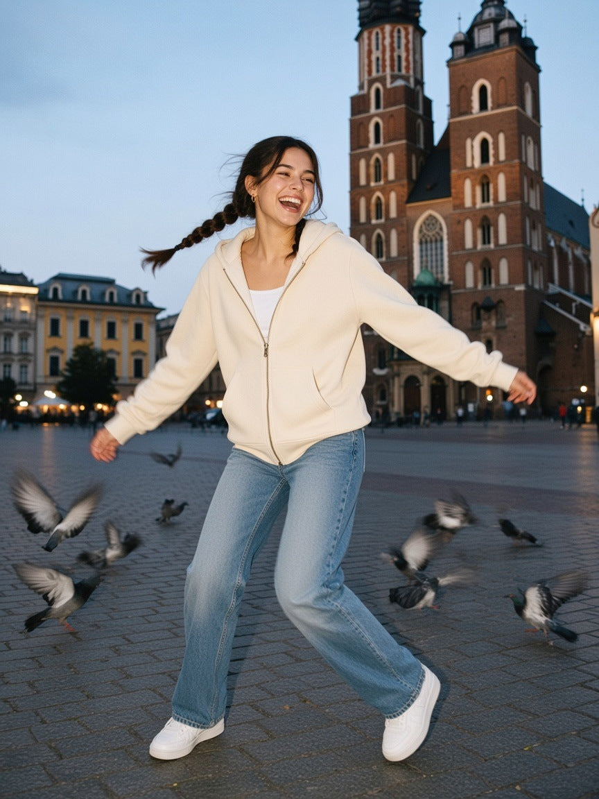 Woman in the Fleece Full Zip Hoodie in Apricot, spinning among pigeons in Kraków's old square at dawn