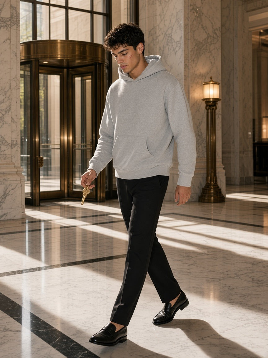 Man in the Fleece Regular Shoulder Hoodie in Flower Gray with black trousers and loafers, in a marble hotel lobby in New York by day