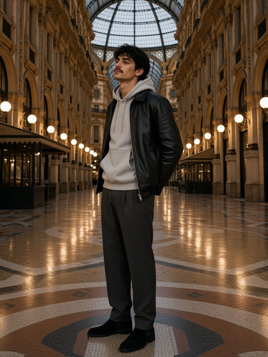 Man in the Marcel Afters Fleece Regular Shoulder Hoodie in Flower Gray with black trousers and loafers, in a marble hotel lobby in New York at night