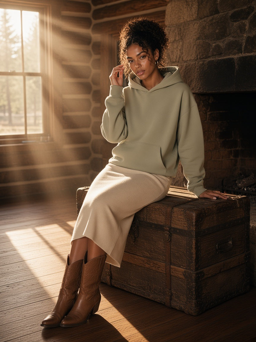 Woman in the Fleeced Boxy Hoodie in Gray Green with a cream knit skirt and western boots, by a stone hearth at a ranch lodge in Montana in the morning