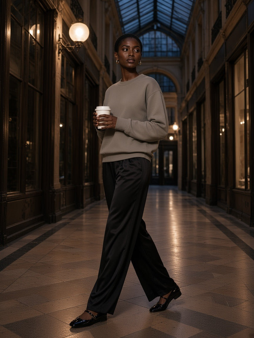 Woman in the Fleeced Sweatshirt in Gray with black silk wide-leg trousers and patent Mary Janes, walking through the Passage des Panoramas in Paris at night