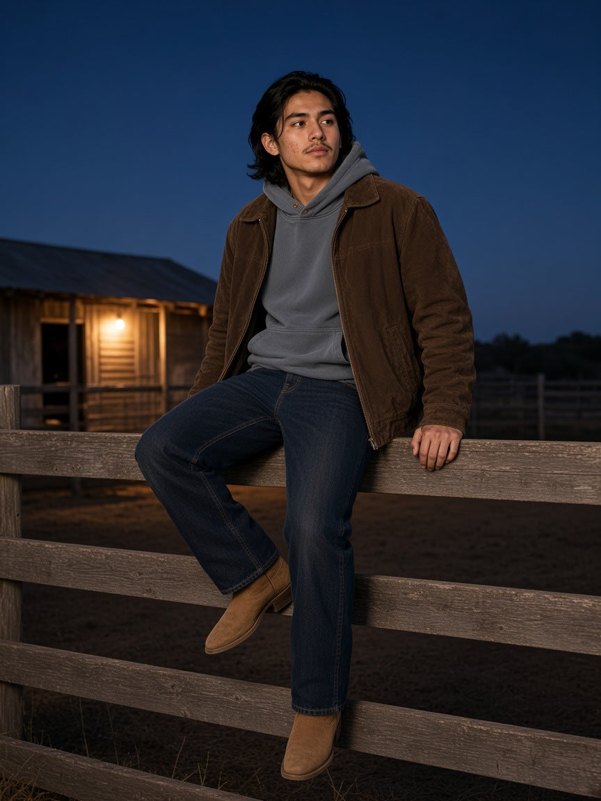 Man in the frayed enzyme washed fleece hoodie in Dark Gray with a suede jacket and dark denim, seated on a ranch fence in West Texas at blue hour