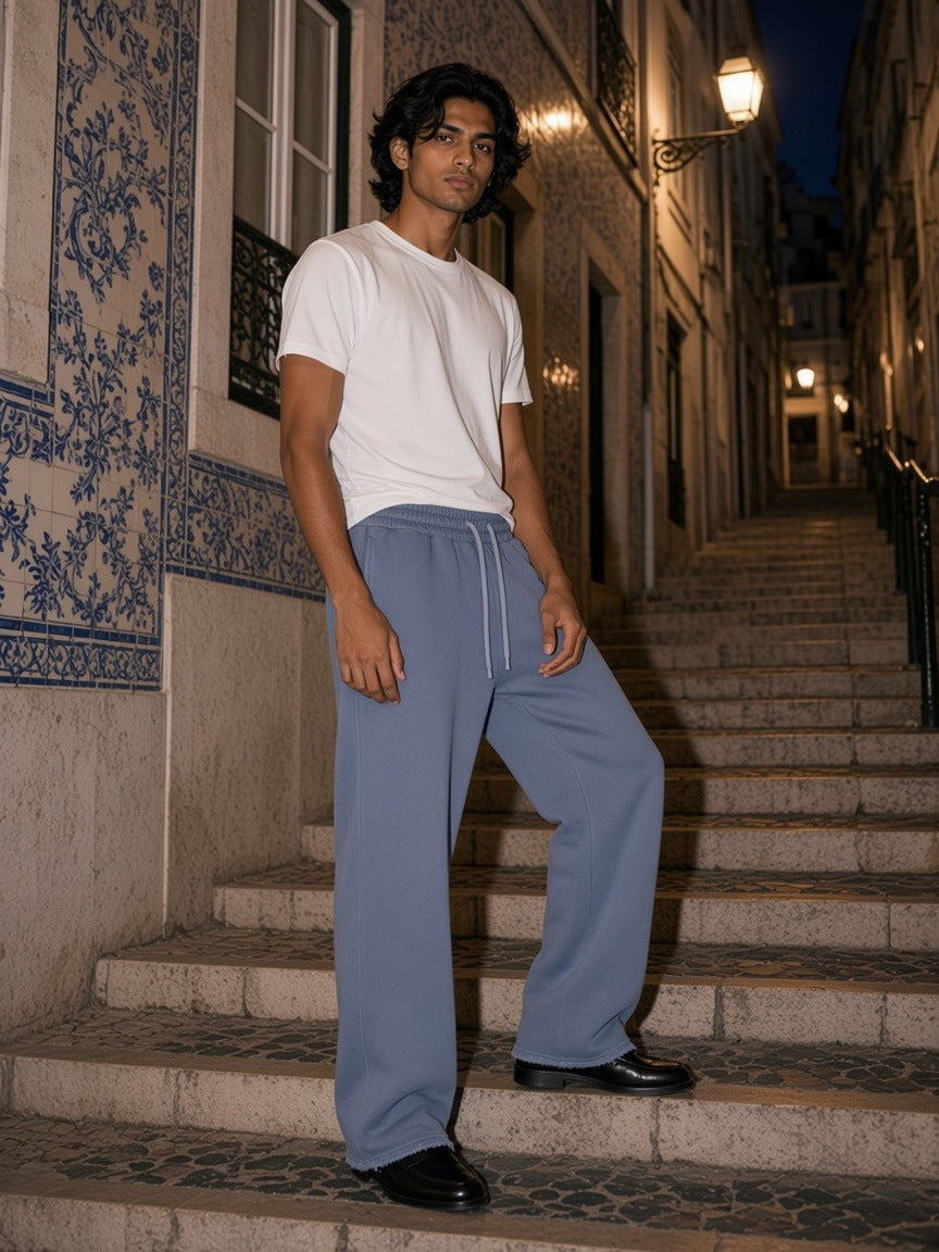 Frayed Enzyme Washed Fleece Sweatpants in Blue, à deux, worn by him