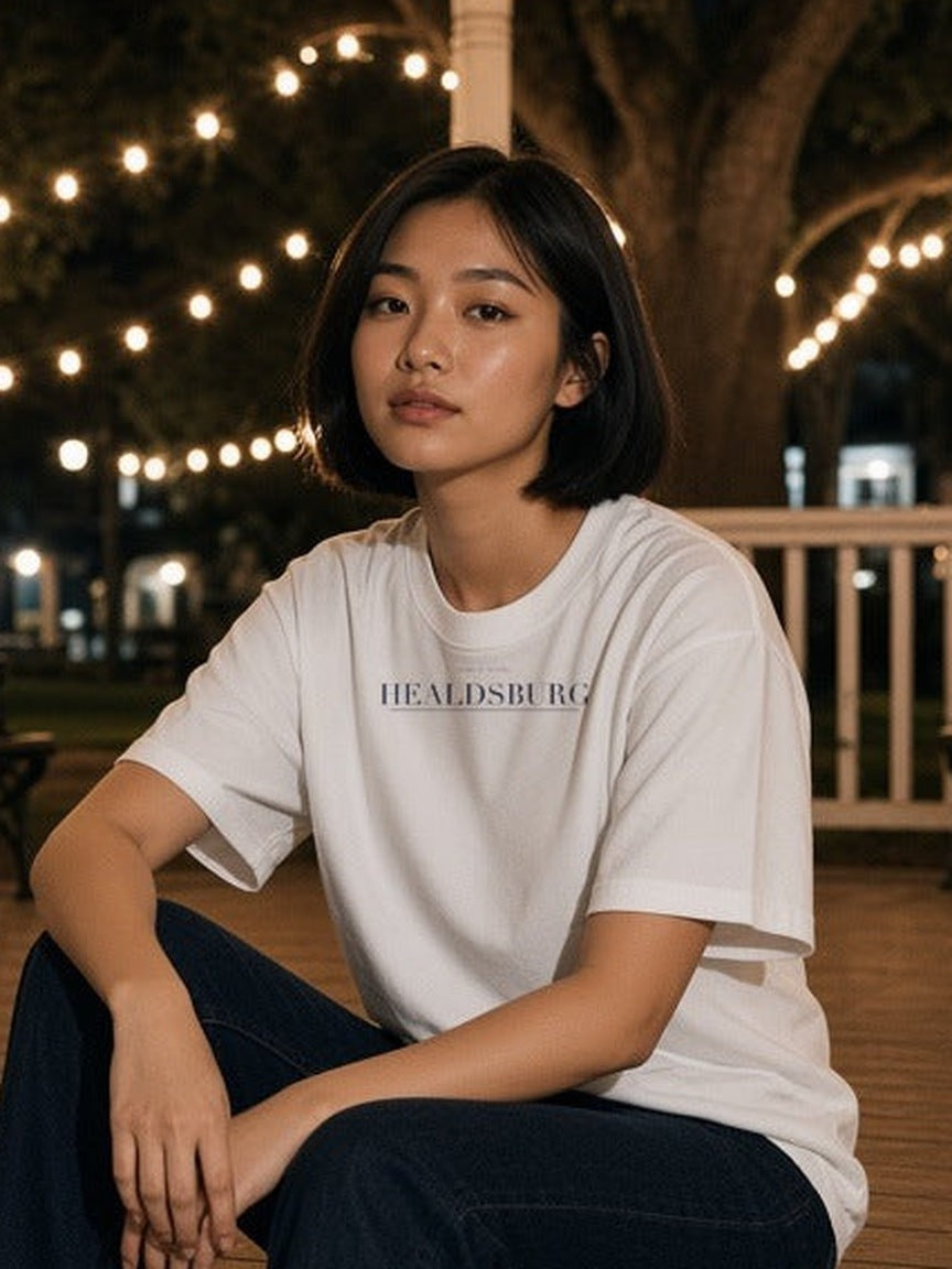 Healdsburg print close-up on the White tee