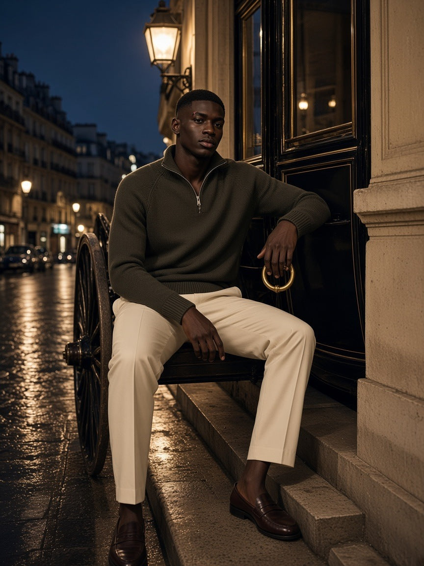Man in the Heavyweight Collared Quarter-Zip in Brown with cream trousers and brown penny loafers, seated by a black lacquered carriage door on a wet Paris street at night