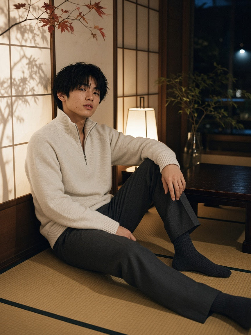 Man in the Heavyweight Collared Quarter-Zip in Beige, seated on tatami in a ryokan room in Kyoto at night