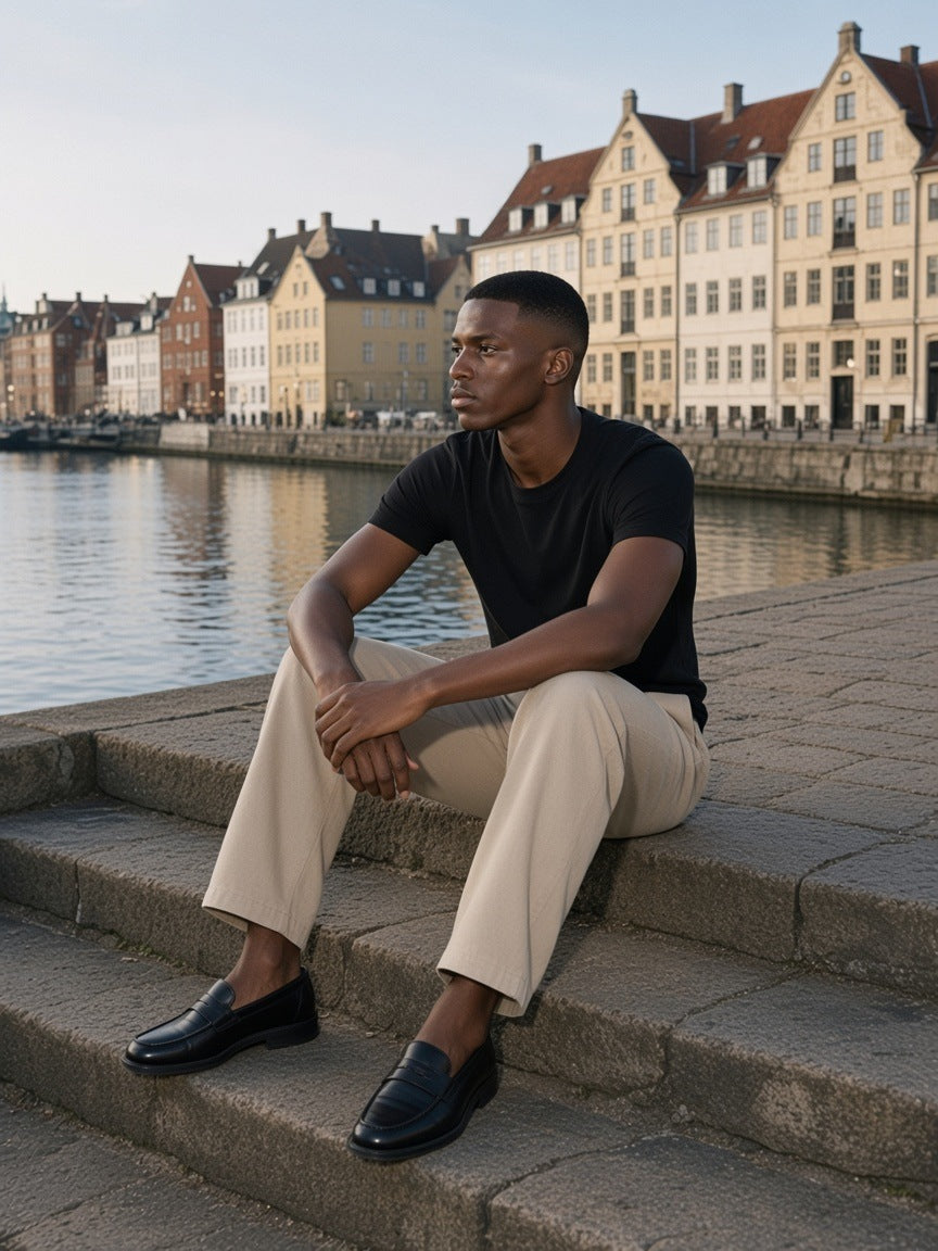 Man in the Heavyweight Cotton Straight-Leg Pants in Pale Khaki on a harbour quay in Copenhagen by day