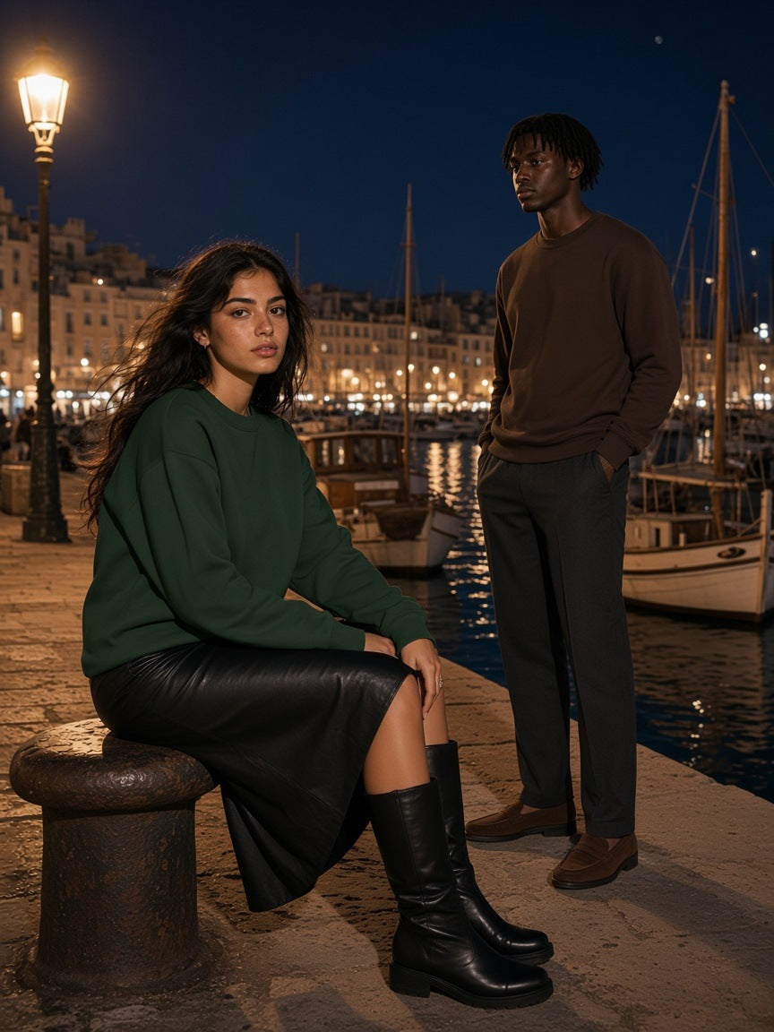 Two people in the Heavyweight Crewneck Sweatshirt in Blackish Green and Coffee on the Old Port quay in Marseille at night