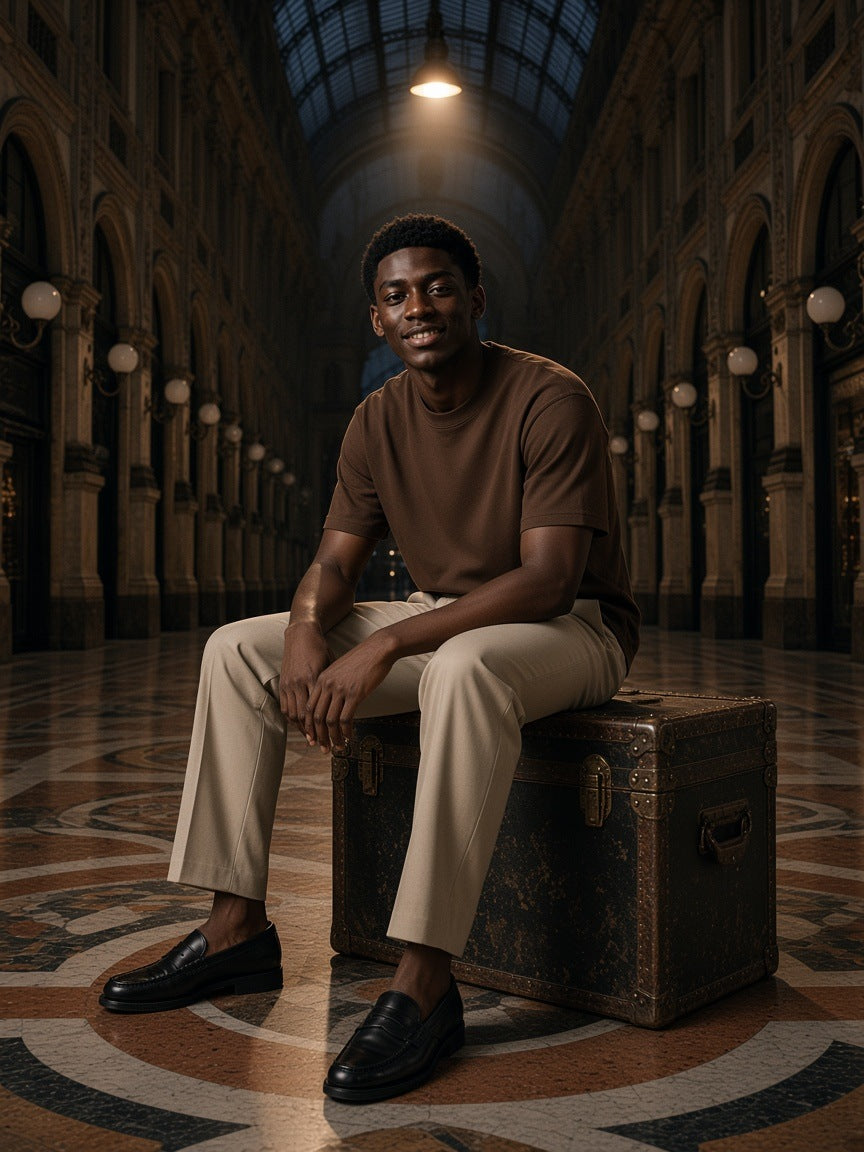 Man in the Heavyweight Drop Shoulder T-Shirt in Coffee seated on a trunk in the Galleria in Milan at night