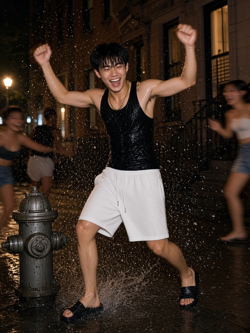 Man in the Heavyweight Fleece Loose Fit Shorts in Lucent White, splashing through an open hydrant on the Upper East Side on a summer night