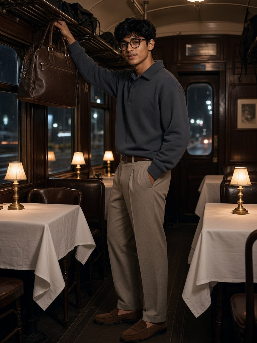 Man in the Marcel Afters heavyweight fleece polo sweatshirt in Charcoal Gray standing in a Tribeca loft in New York at night