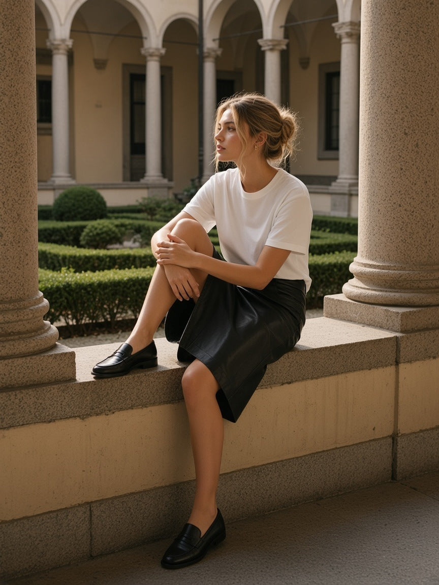 Woman in the Heavyweight Hand-frayed T-Shirt in White sitting on a stone parapet in a Milan palazzo cloister in the morning