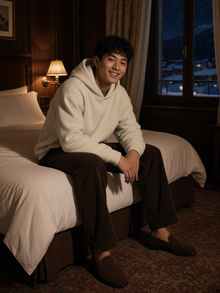 Man in the Marcel Afters Heavyweight Hidden Pocket Fleece Hoodie in Bone with black trousers and loafers, in a harbour penthouse in Hong Kong at night