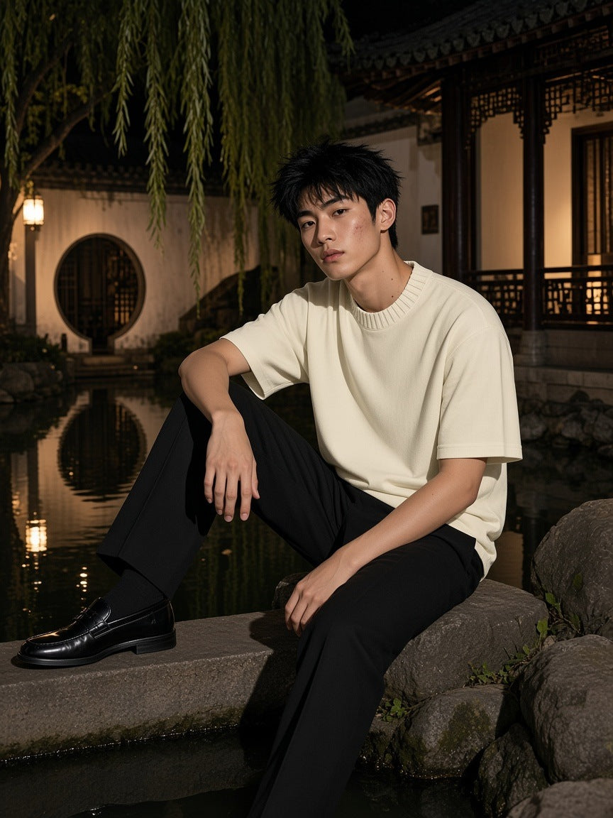 Man in the Marcel Afters Heavyweight Knit Round Neck T-Shirt in Apricot in a teahouse garden in Hangzhou at night