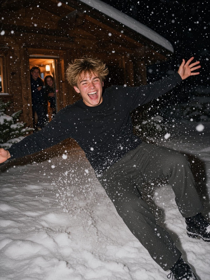 Man in the Heavyweight Long Sleeve T-Shirt in Black, diving into a snowbank outside a St. Moritz chalet at midnight