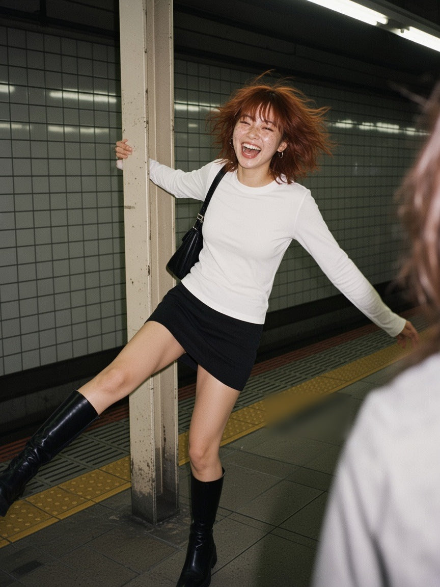 Woman in the Heavyweight Long Sleeve T-Shirt in White with a black mini skirt and knee boots, swinging off a pole on a Tokyo train platform at 1am