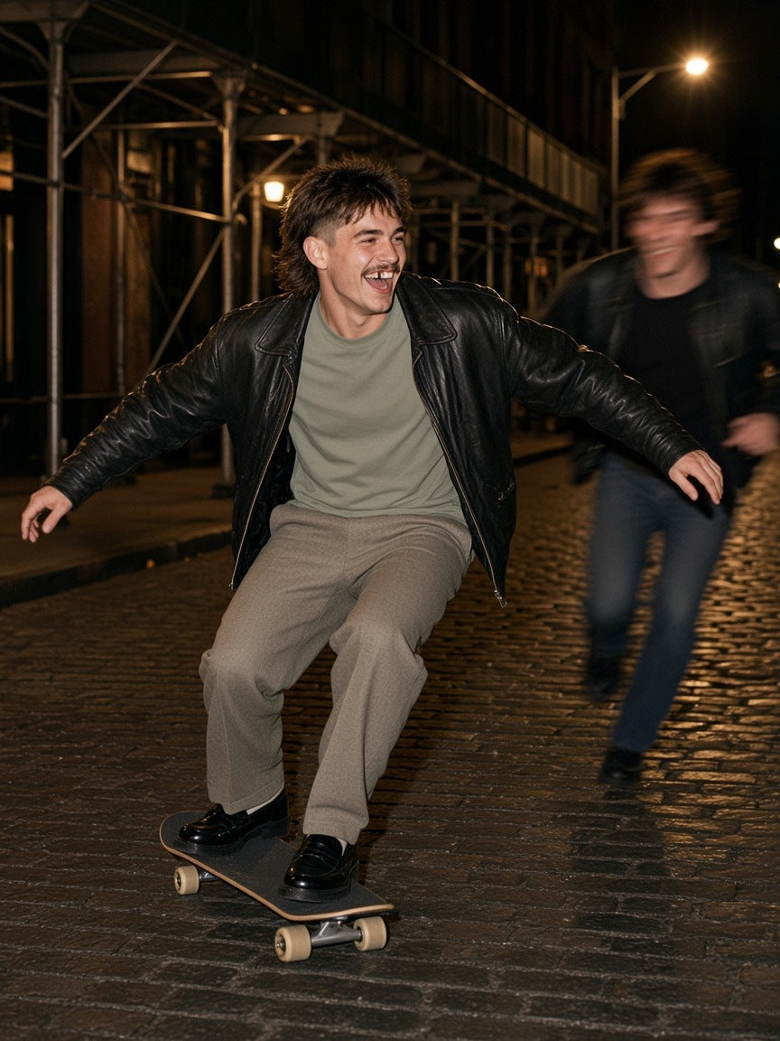 Man in the Marcel Afters Heavyweight Loose Fit T-Shirt in Greyish Green walking through an empty gallery in West Chelsea, New York at night
