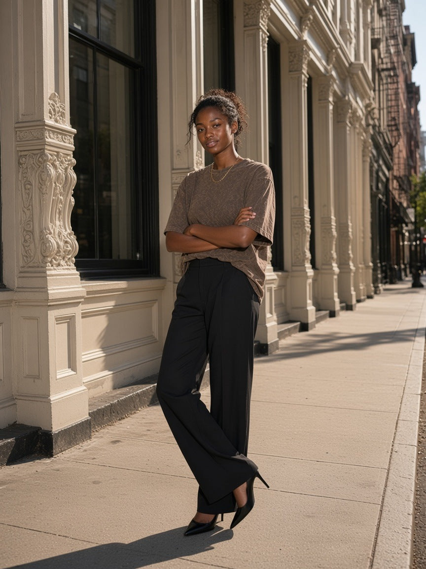 Woman in the Women's Heavyweight Mineral Wash Boxy T-Shirt in Brown running along a cast-iron street in SoHo, New York in the morning