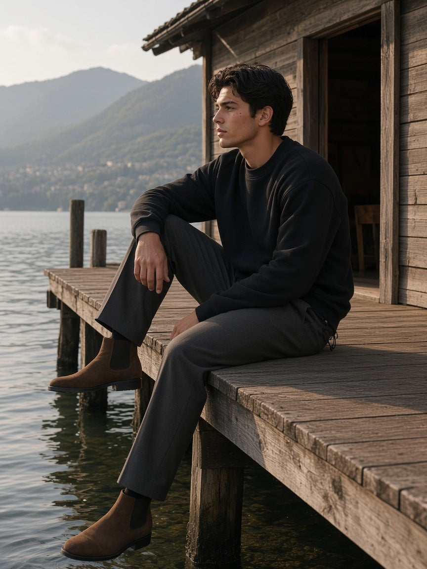 Man in the Heavyweight Oversized Boxy Sweatshirt in Black with grey trousers and suede Chelsea boots, seated on a boathouse dock on Lake Como by day