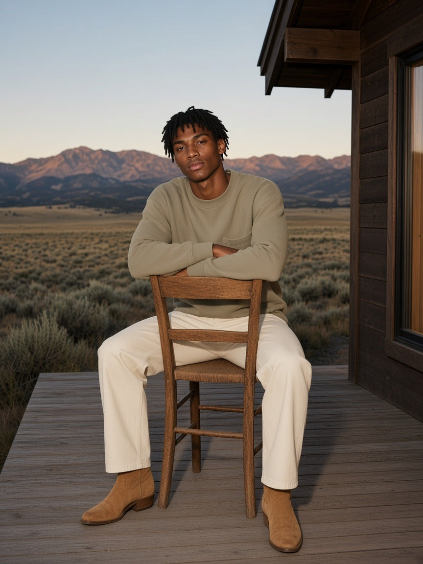 Marcel Afters Heavyweight Patch Pocket Crewneck Sweatshirt in Khaki, worn by a man, seated astride a wooden chair on a cabin porch at dusk in a khaki patch-pocket sweatshirt