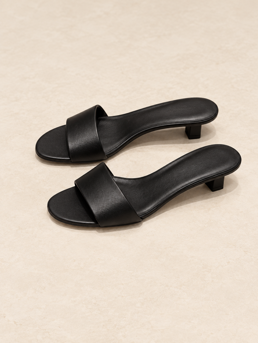 Black leather single-strap slide sandal, studio photograph