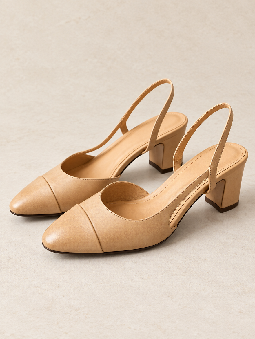 Almond pointed cap-toe slingback with block heel, studio photograph