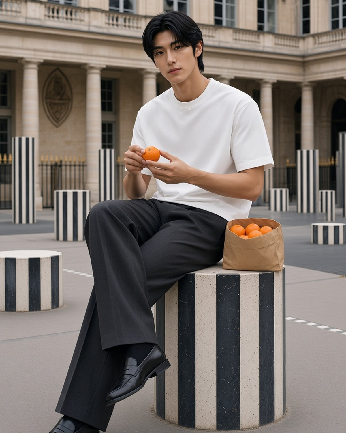 Man in the Boxy Oversized T-Shirt in White, peeling a clementine on the striped columns of the Palais-Royal