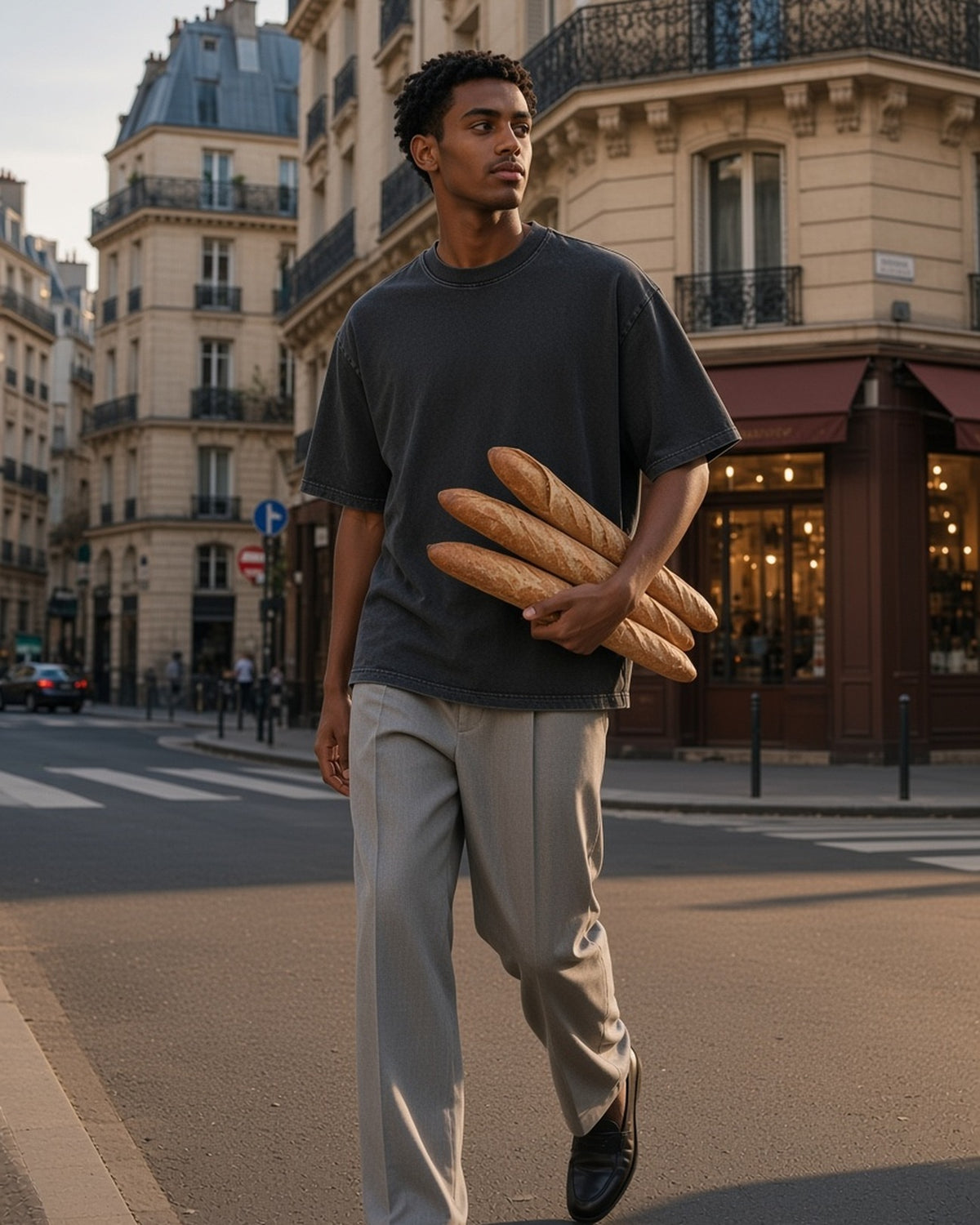 Man in the Snow Washed Heavyweight Oversize T-Shirt in Black, carrying baguettes on a Paris street corner at dusk
