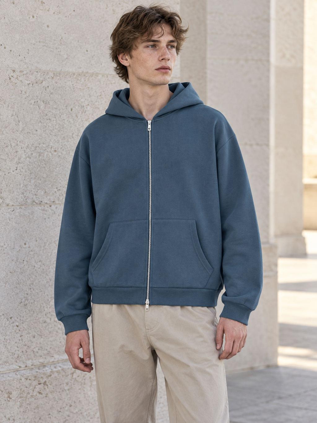 Drop Shoulder Full Zip Hoodie in Haze Blue, men model front view
