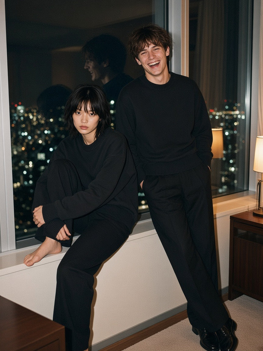 Marcel Afters Knitted Round Neck Oversize Sweatshirt — Dark, Black, couple in a Tokyo hotel suite at night