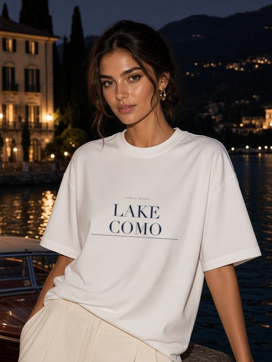 Lake Como print close-up on the White tee