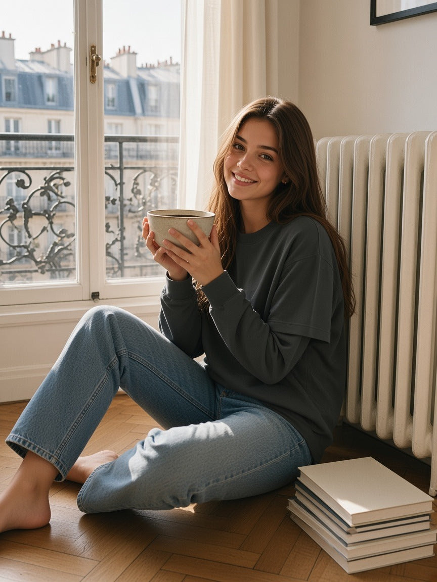 Woman in the Layered Oversized T-Shirt in Dark Gray sitting on a parquet floor with a coffee bowl in a sunlit Paris apartment