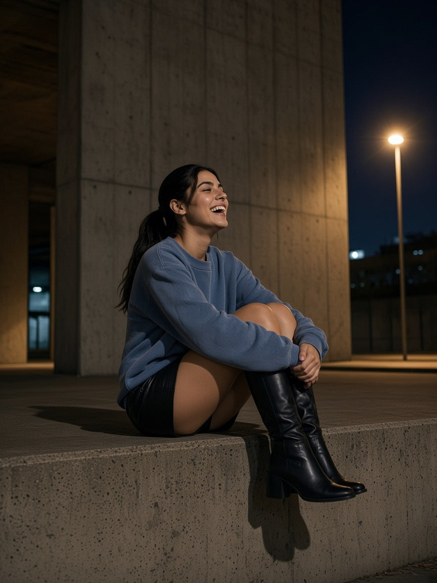 Woman in the Vintage Wash Fleece Sweatshirt in Washed Blue with a black leather mini and knee boots, laughing on a concrete ledge under Brutalist pilotis in São Paulo at night