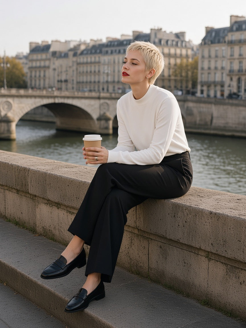 Woman in the Essential Non-Shrink Mock Neck Sweatshirt in White with black wide trousers and loafers, on a stone parapet by the Seine in Paris in the morning