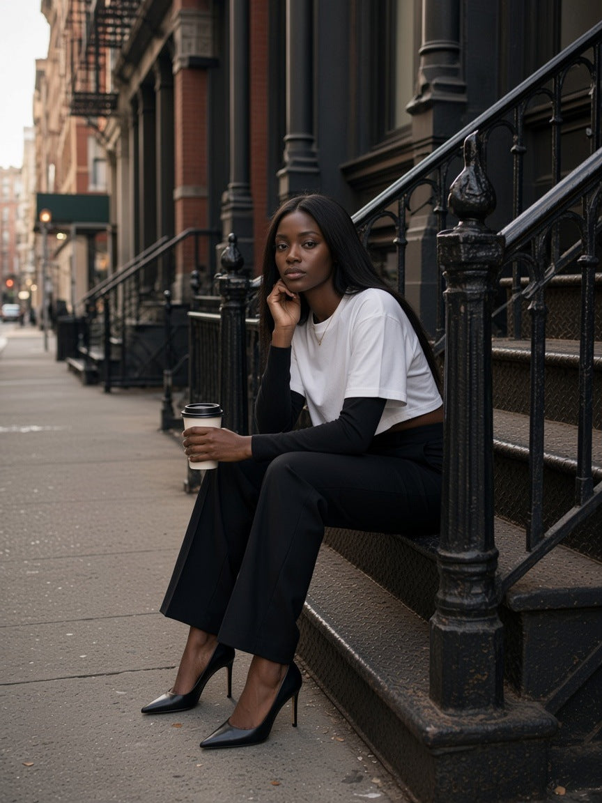 Woman in the Layered Contrast Sleeve Cotton T-Shirt in White with Black, black trousers and pumps, on a cast-iron stoop in Tribeca, New York in the morning