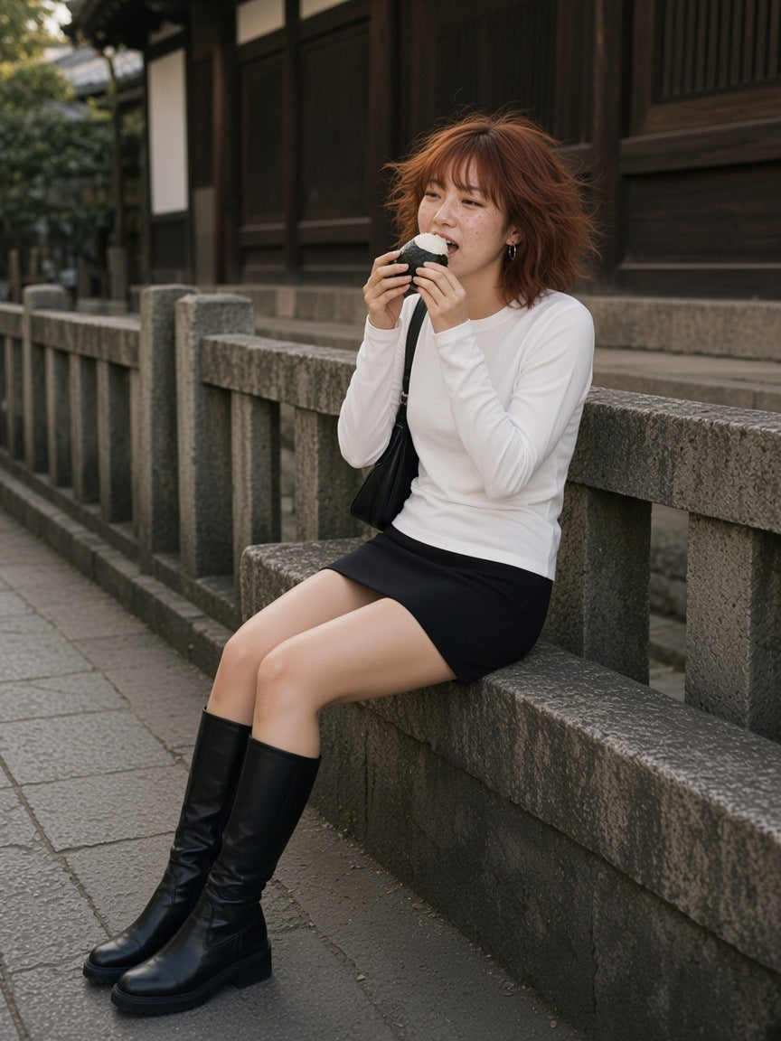 Woman in the Heavyweight Long Sleeve T-Shirt in White with a black mini skirt and knee boots, on a stone temple wall in Yanaka, Tokyo in the morning