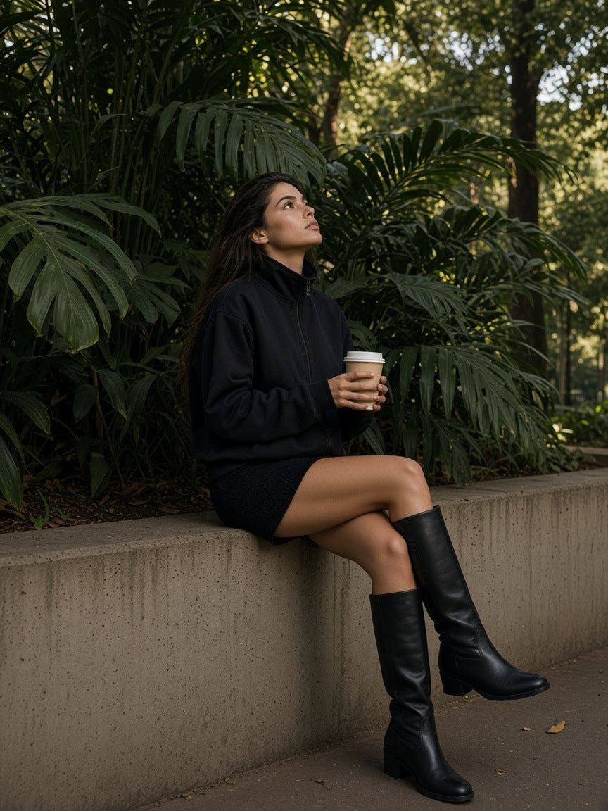 Woman in the Stand Collar Jacket in Black with a black mini and knee boots, on a concrete planter in Ibirapuera park, São Paulo in the morning