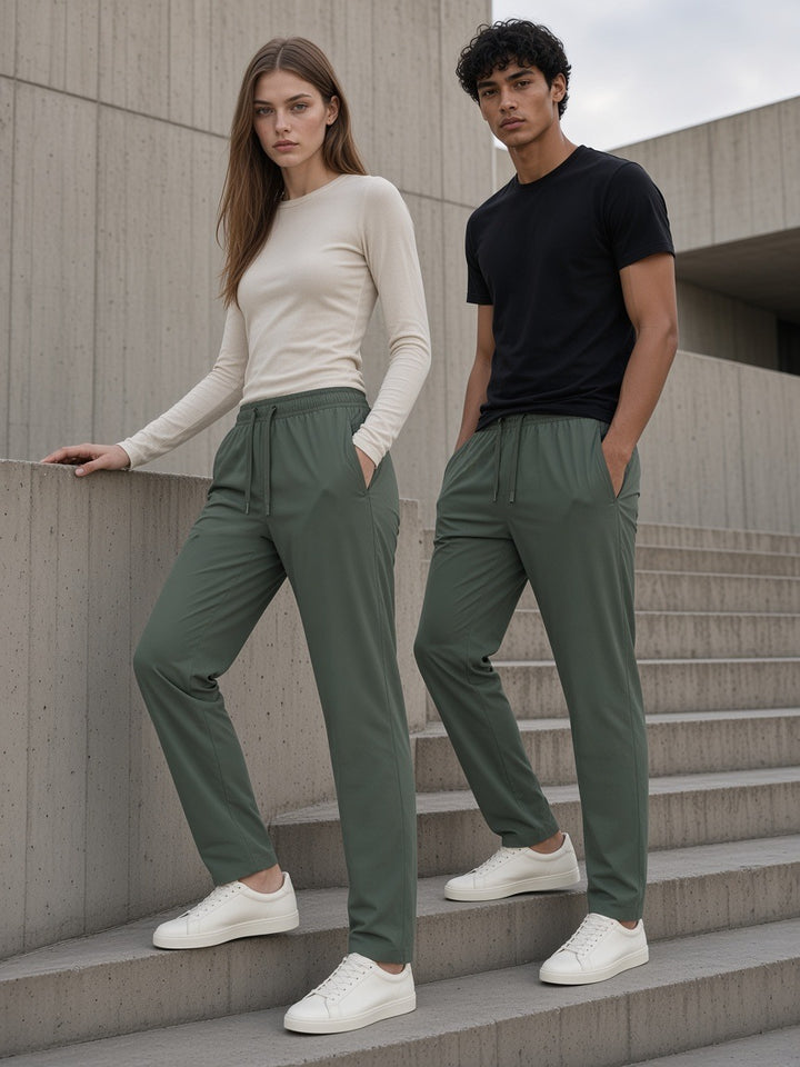 Marcel Afters Lightweight Tapered Track Pants, Army Green, couple, street