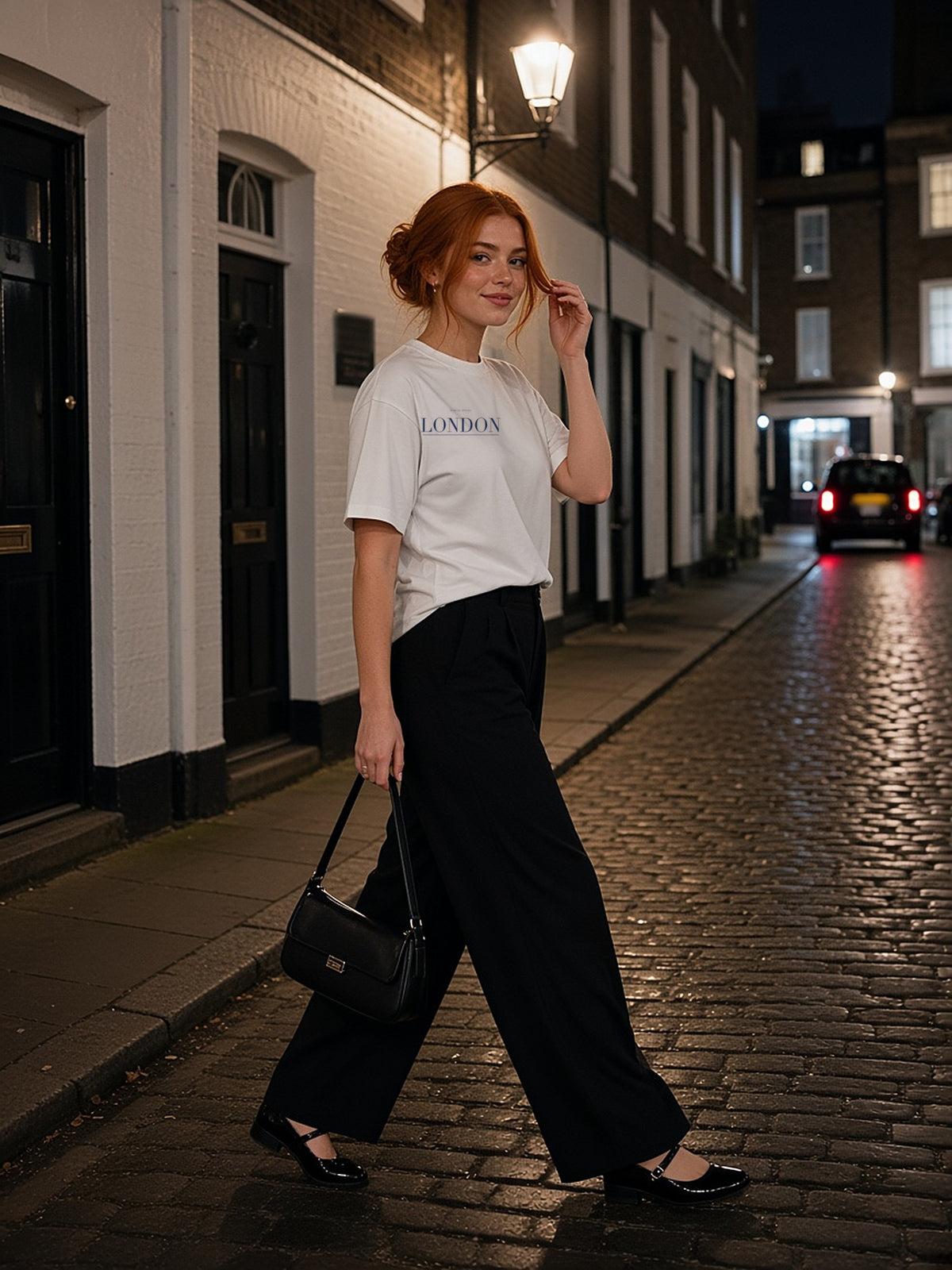 Woman in the London tee in White walking through a cobbled Soho mews in London after dark