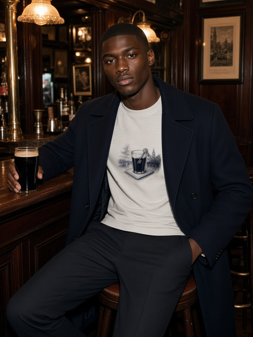 Man in the London Pint tee in Oat Gray under a navy overcoat at the bar of a London pub at night