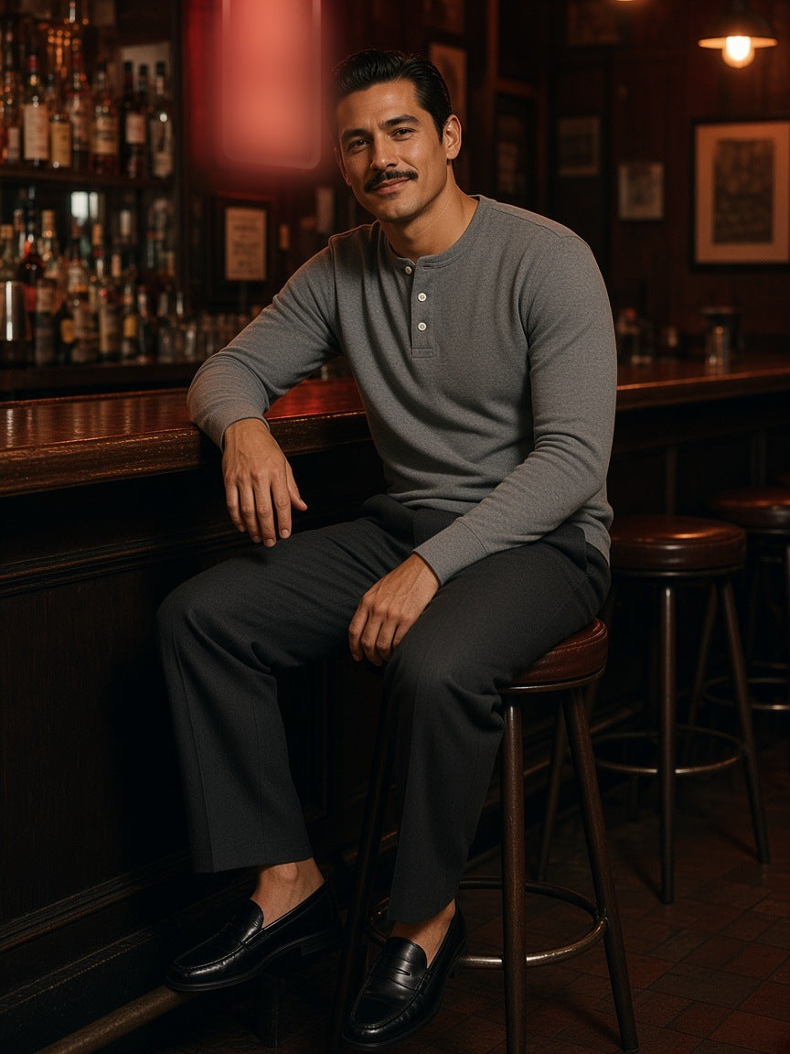 Man in the Long Sleeve Henley T-Shirt in Flower Gray standing in a ryokan room in Kyoto at night