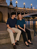 Two people in the Loose Fit Crewneck T-Shirt in Navy Blue and Haze Blue on the Seine quay by Pont Alexandre III