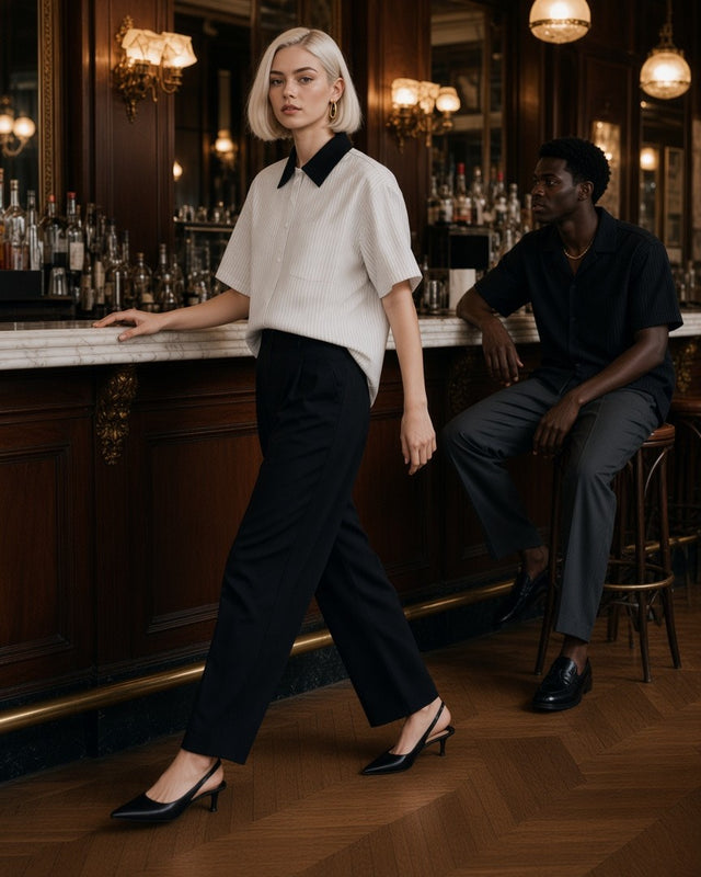 A woman in a striped contrast-collar shirt and black trousers walks past the marble bar of a Viennese cafe at night as a man in a black jacquard shirt looks on.