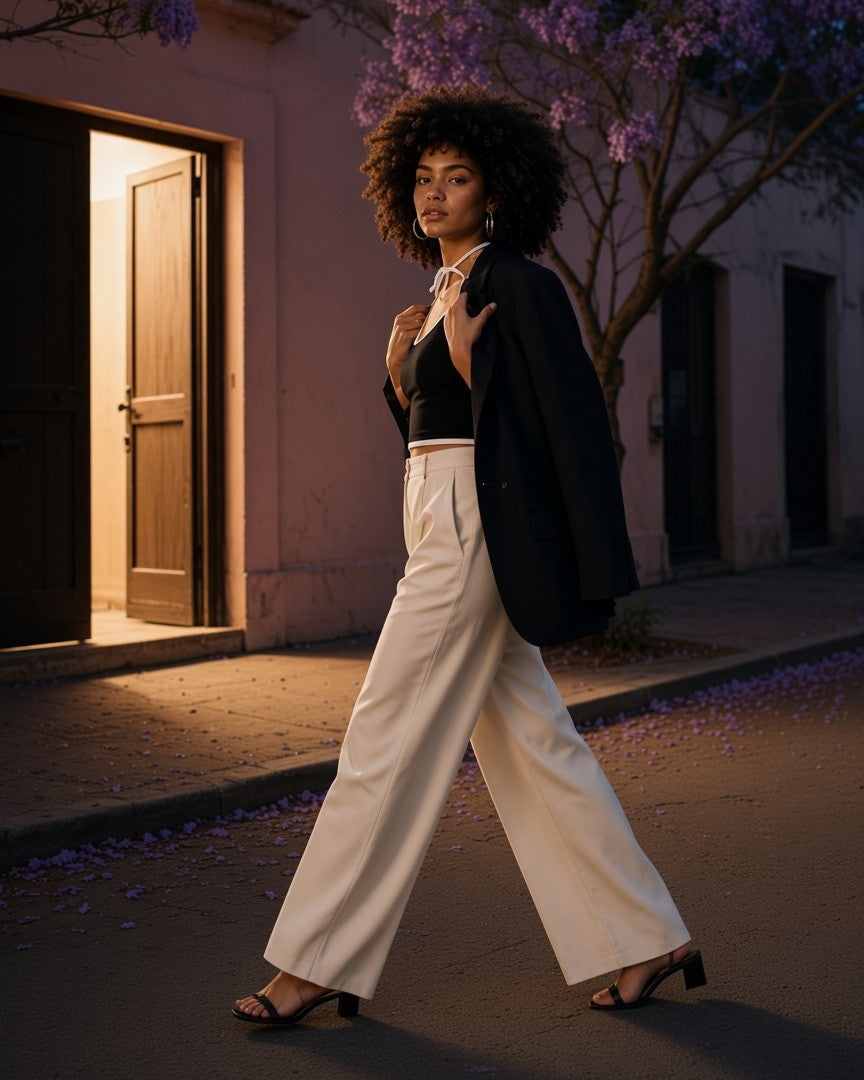 A woman in a black contrast-binding halter top, ivory wide trousers and a draped black blazer walks under jacaranda trees in Mexico City at night.