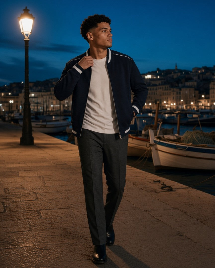 A man in a navy piped bomber jacket and charcoal trousers walks the quay of the Old Port of Marseille at night.