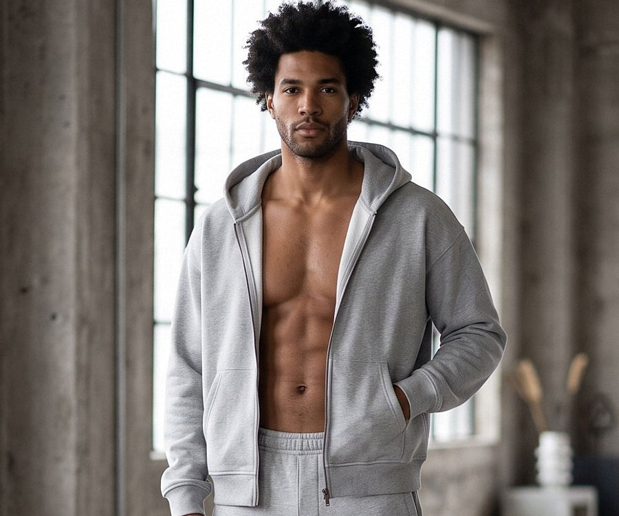 Man in a heather grey Marcel Afters heavyweight boxy full-zip hoodie worn open, in a loft