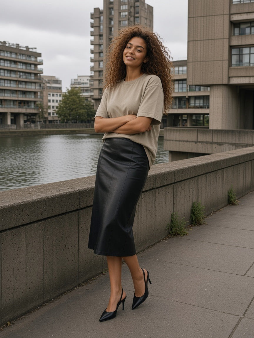 Woman in the Snow Washed Heavyweight Oversize T-Shirt in Khaki with arms folded on a Brutalist lakeside walkway in London