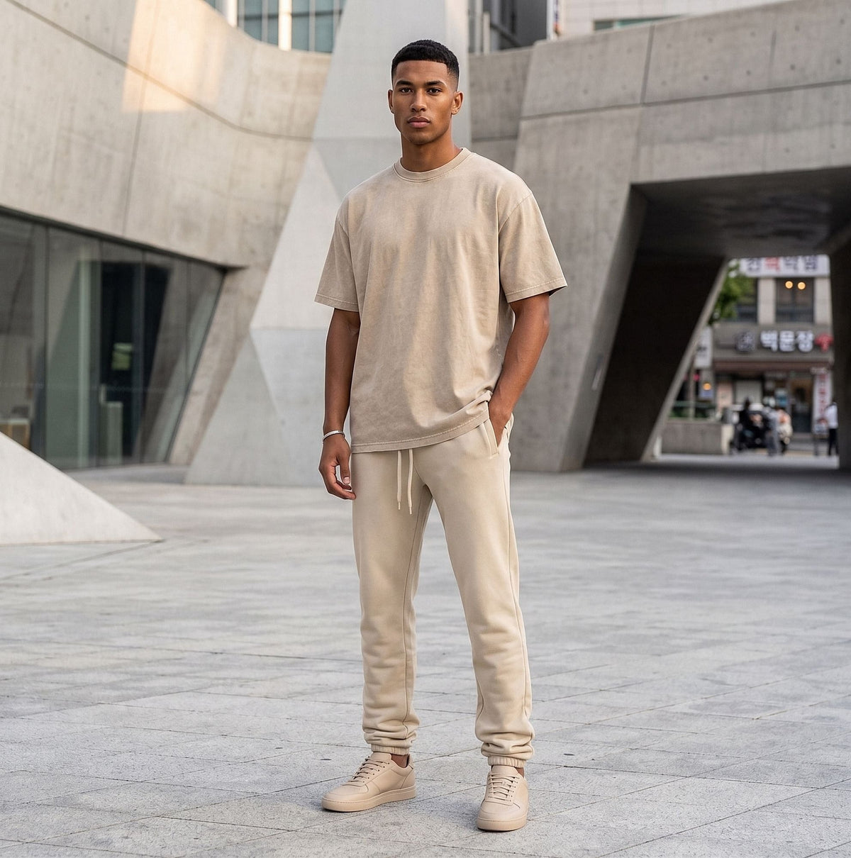Man in a Khaki snow washed heavyweight oversize tee and matching fleece joggers, standing in a concrete plaza